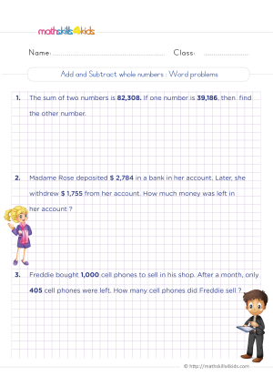 6th grade add nad subtract whole numbers word problems worksheet
