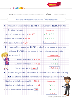 6th grade add nad subtract whole numbers word problems solution worksheet